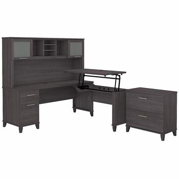 Bush Business Furniture Somerset 72&quot;W 3-Position Sit to Stand L-Shaped Desk with Hutch and File Cabinet, Storm Gray