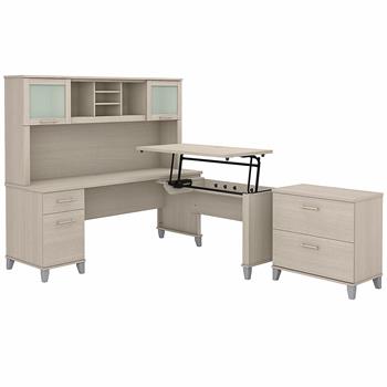 Bush Business Furniture Somerset 72&quot;W 3-Position Sit to Stand L-Shaped Desk with Hutch and File Cabinet, Sand Oak