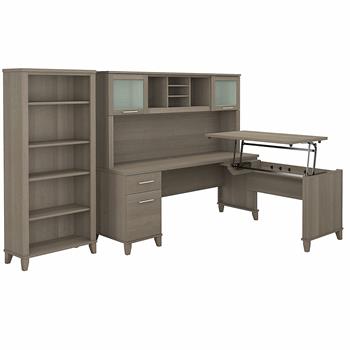 Bush Business Furniture Somerset 72&quot;W 3-Position Sit to Stand L-Shaped Desk with Hutch and Bookcase, Ash Gray