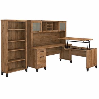 Bush Business Furniture Somerset 72&quot;W 3-Position Sit to Stand L-Shaped Desk with Hutch and Bookcase, Fresh Walnut
