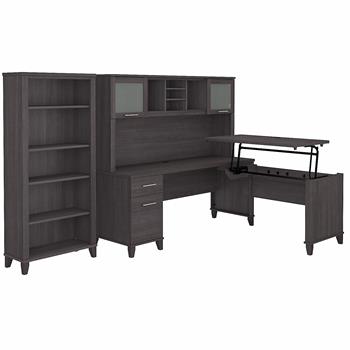 Bush Business Furniture Somerset 72&quot;W 3-Position Sit to Stand L-Shaped Desk with Hutch and Bookcase, Storm Gray