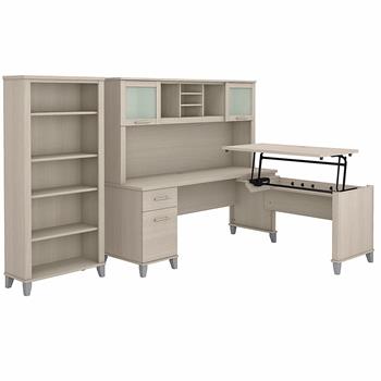 Bush Business Furniture Somerset 72&quot;W 3-Position Sit to Stand L-Shaped Desk with Hutch and Bookcase, Sand Oak