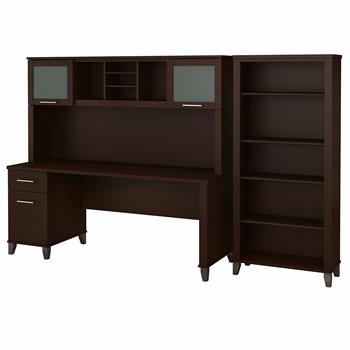 Bush Business Furniture Somerset 72&quot;W Office Desk with Hutch and 5-Shelf Bookcase, Mocha Cherry