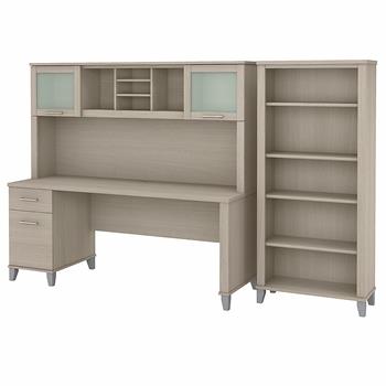 Bush Business Furniture Somerset 72&quot;W Office Desk with Hutch and 5-Shelf Bookcase, Sand Oak