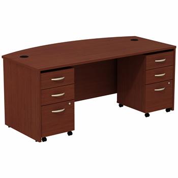 Bush Business Furniture Series C 72&quot;W Bowfront Shell Desk with (2) 3-Drawer Mobile Pedestals, Mahogany