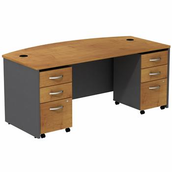 Bush Business Furniture Series C 72&quot;W Bowfront Shell Desk with (2) 3-Drawer Mobile Pedestals, Natural Cherry