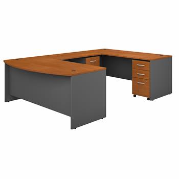 Bush Business Furniture Series C 72&quot;W x 36&quot;D Bow Front U-Shaped Desk with Mobile File Cabinets, Natural Cherry