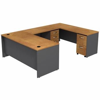 Bush Business Furniture Series C 72&quot;W U-Station with Mobile Pedestals, Natural Cherry