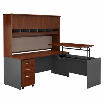 Bush Business Furniture Business Furniture Series C, 72 in W x 30 in D 3 Position Sit to Stand L Shaped Desk with Hutch and Mobile File Cabinet, Hansen Cherry/Graphite Gray