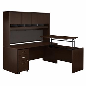 Bush Business Furniture Business Furniture Series C, 72 in W x 30 in D 3 Position Sit to Stand L Shaped Desk with Hutch and Mobile File Cabinet, Mocha Cherry