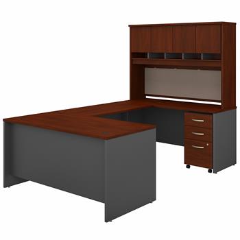 Bush Business Furniture Business Furniture Series C, 60 in W U Shaped Desk with Hutch and Mobile File Cabinet, Hansen Cherry