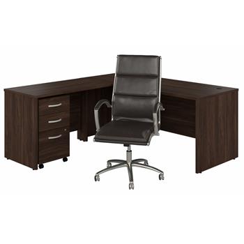 Bush Business Furniture Studio C 72&quot;W L-Shaped Desk with File Cabinet and High Back Chair, Black Walnut