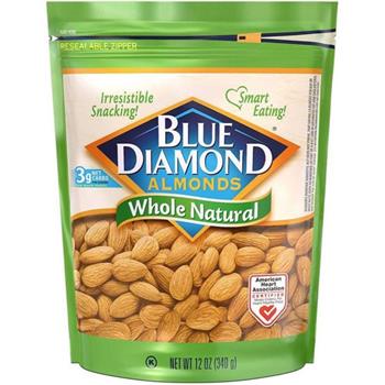 Blue Diamond Almonds, Whole Natural, 12 oz, 6 Bags/Case