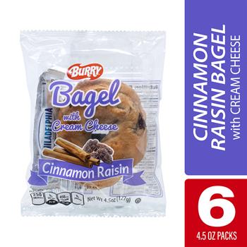 Burry Individually Wrapped Cinnamon Raisin Bagel with Cream Cheese, 4.6 oz, 6/Pack