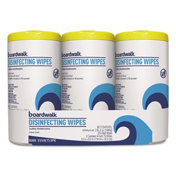 Boardwalk Disinfecting Wipes, 8 x 7, Lemon Scent, 75/Canister, 3 Canisters/PK, 4/Pks/Ct