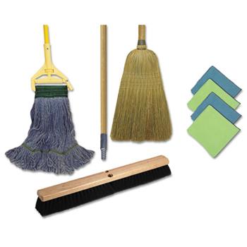 Boardwalk Cleaning Kit, Medium Blue Cotton/Rayon/Synthetic Head, 60&quot; Natural/Yellow Wood/Metal Handle