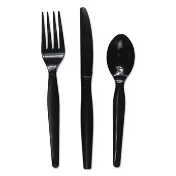 Boardwalk Wrapped Disposable Cutlery Catering Kit (Knives, Forks, Teaspoon), Heavy Weight, Plastic, Black, 250 Kits/Carton