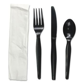 Boardwalk 4-Piece Disposable Cutlery Catering Kit (Knives, Forks, Teaspoons, Napkins), Heavy Weight, Plastic, Black, 250 Kits/Carton