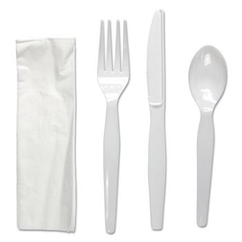 Boardwalk Wrapped 4-Piece Disposable Cutlery Catering Kit (Knives, Forks, Teaspoons, Napkins), Heavy Weight, Plastic, White, 250 Kits/Carton