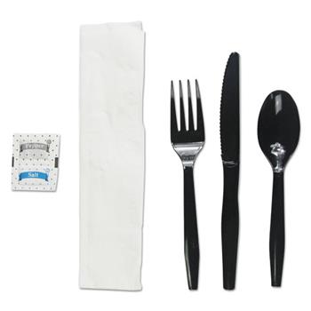 Boardwalk Wrapped 6-Piece Disposable Cutlery Catering Kit (Knives, Forks, Teaspoons, Napkins, Condiments), Plastic, Black, 250 Kits/Carton