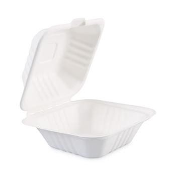 Boardwalk Bagasse Food Containers, Hinged-Lid, 1-Compartment 6 x 6 x 3.19, White, 125/Sleeve, 4 Sleeves/Carton