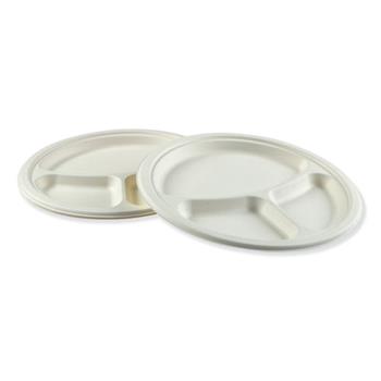 Boardwalk Bagasse Dinnerware, 3-Compartment Plate, 10&quot; dia, White, 500/Carton