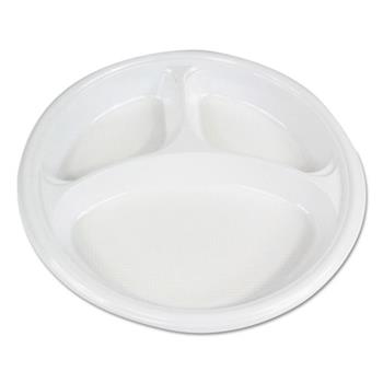 Boardwalk Hi-Impact 3 Compartment Round Dinner Plates, Plastic, 10&quot;, White, 500 Plates/Carton