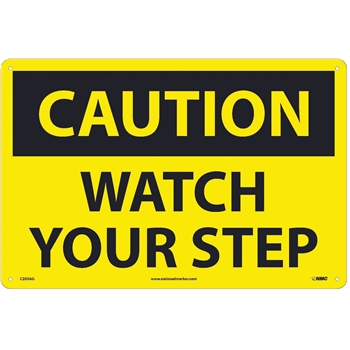 NMC Caution Sign, Watch Your Step, 12&#39;&#39; x 18&#39;&#39;, Aluminum, Black on Yellow