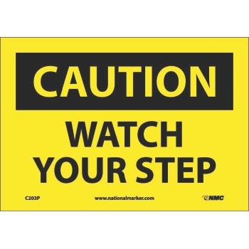 NMC Caution Sign, Watch Your Step, 7&#39;&#39; x 10&#39;&#39;, Pressure Sensitive Vinyl, Black on Yellow