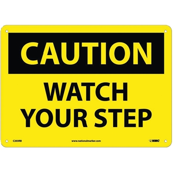 NMC Caution Sign, Watch Your Step, 10&#39;&#39; x 14&#39;&#39;, Rigid Plastic, Black on Yellow