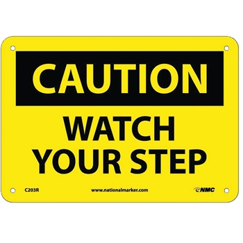 NMC Caution Sign, Watch Your Step, 7&#39;&#39; x 10&#39;&#39;, Rigid Plastic, Black on Yellow