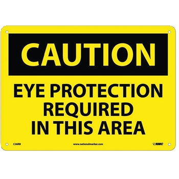 NMC Caution Sign, Eye Protection Required In This Area, 10&#39;&#39; x 14&#39;&#39;, Rigid Plastic, Black on Yellow