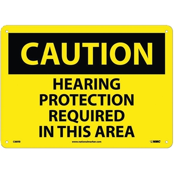 NMC Caution Sign, Hearing Protection Required In This Area, 10&#39;&#39; x 14&#39;&#39;, Rigid Plastic, Black on Yellow