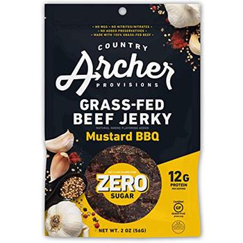 Country Archer Beef Jerky, Mustard BBQ, Zero Sugar, 2 oz, 12 Bags/Case