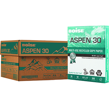 Boise Aspen 30% Recycled Multi-Use Paper, 92 Bright, 20 lb, 8.5&quot; x 11&quot;, White, 500 Sheets/Ream