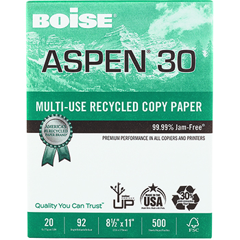 Boise Aspen 30 Recycled Multi-Use Paper, 92 Bright, 20 lb, 8.5&quot; x 11&quot;, White, 500 Sheets/Ream