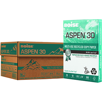 Boise Aspen 30 Recycled Multi-Use Paper, 92 Bright, 20 lb, 8.5&quot; x 14&quot;, White, 500 Sheets/Ream, 10 Reams/Carton