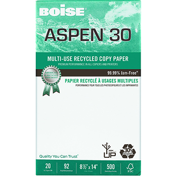 Boise Aspen 30 Recycled Multi-Use Paper, 92 Bright, 20 lb, 8.5&quot; x 14&quot;, White, 500 Sheets/Ream