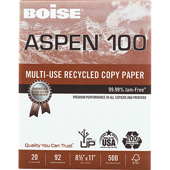 Boise Aspen 100 Recycled Multi-Use Paper, 92 Bright, 20 lb, 8.5&quot; x 11&quot;, White, 500 Sheets/Ream