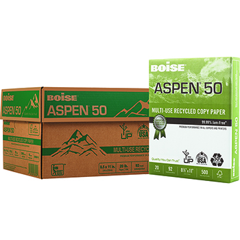 Boise ASPEN&#174; 50 Recycled Multi-Use Paper, 92 Bright, 20 lb., 8 1/2 x 11, White, 5000/CT