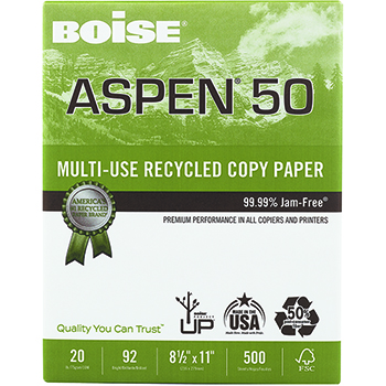 Boise Aspen 50 Recycled Multi-Use Paper, 92 Bright, 20 lb, 8.5&quot; x 11&quot;, White, 500 Sheets/Ream