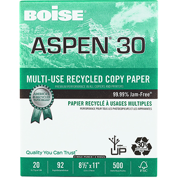 Boise Aspen 30% Recycled Multi-Use 3-Hole Punched Paper, 92 Bright, 20 lb, 8.5&quot; x 11&quot;, White, 500 Sheets/Ream