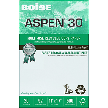 Boise Aspen 30 Recycled Multi-Use Paper, 92 Bright, 20 lb, 11&quot; x 17&quot;, White, 500 Sheets/Ream