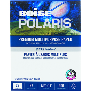 Boise Polaris Premium Multi-Purpose Paper, 97 Bright, 28 lb, 8.5&quot; x 11&quot;, White, 500 Sheets/Ream