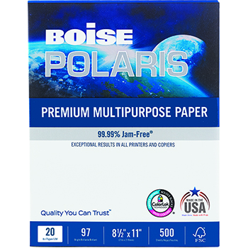 Boise Polaris Premium Multi-Purpose Paper, 97 Bright, 20 lb, 8.5&quot; x 11&quot;, White, 500 Sheets/Ream