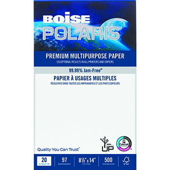Boise Polaris Premium Multi-Purpose Paper, 97 Bright, 20 lb, 8.5&quot; x 14&quot;, White, 500 Sheets/Ream