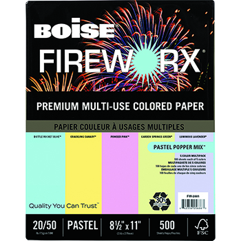 Boise FIREWORX&#174; Colored Paper, 20 lb., 8 1/2 x 11, Pastel Popper Mix, 500/RM