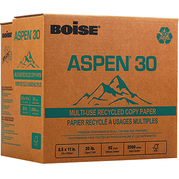 Boise Aspen 30% SPLOX Recycled Multi-Use Paper, 92 Bright, 20 lb, 8.5&quot; x 11&quot;, White, 2500 Sheets/Carton