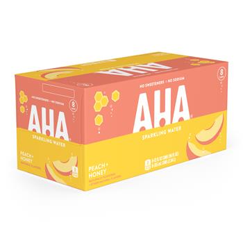 Aha Peach + Honey Flavored Sparkling Water, 12 oz., 8 Cans/Pack, 24 Cans/Case