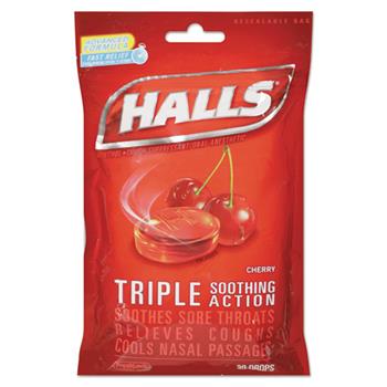 HALLS Cherry Triple Action Cough Drops, 30 Drops/Bag, 12 Bags/Box